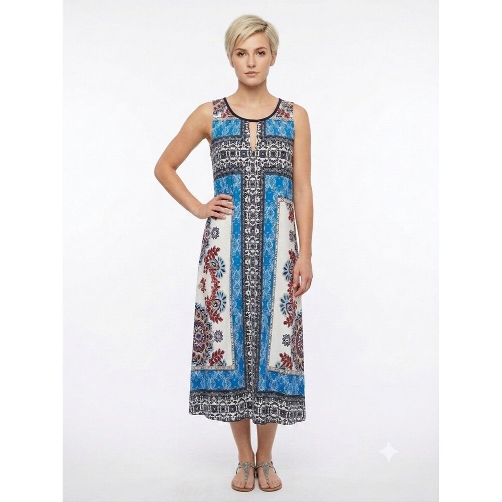 John Paul Richard Midi Dress 3X Blue Floral Sharkbite Hem Sleeveless Knit Cruise